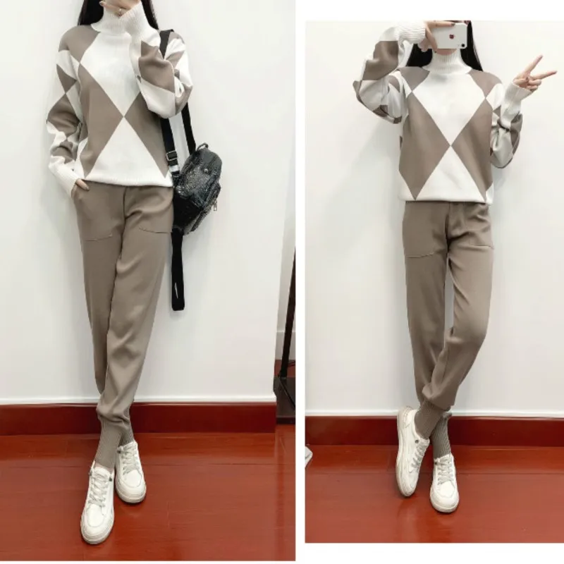 Casual Knitted Sweater 2 Piece Sets Women Outfits 2024 Autumn Winter Korean Fashion High Collar Tracksuit Sets Golf Sportwears