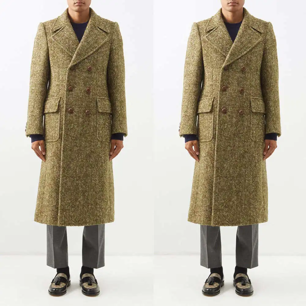 Men Long Overcoat Tweed  Wool Blend Coat Winter Business Outwear Custom Made