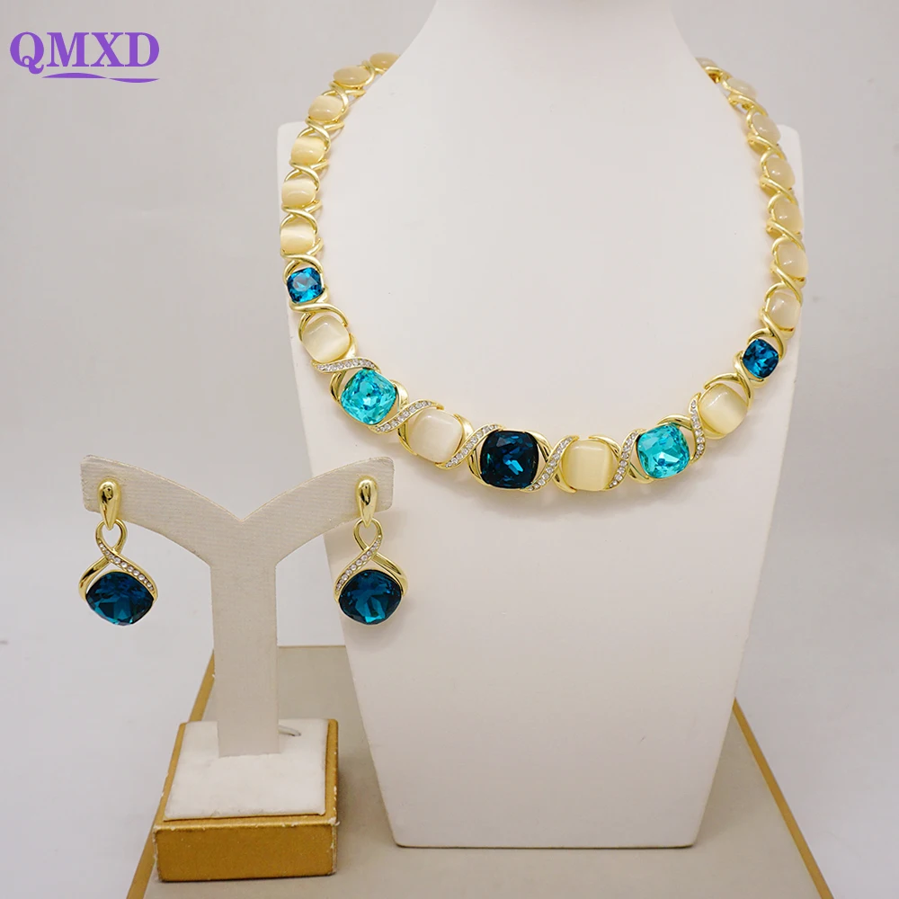 

Fashion Italian Dubai Gold Color Plated Jewelry Set For Ladies Romantic Set Blue Crystal Necklace Earrings Sets Banquet Gifts