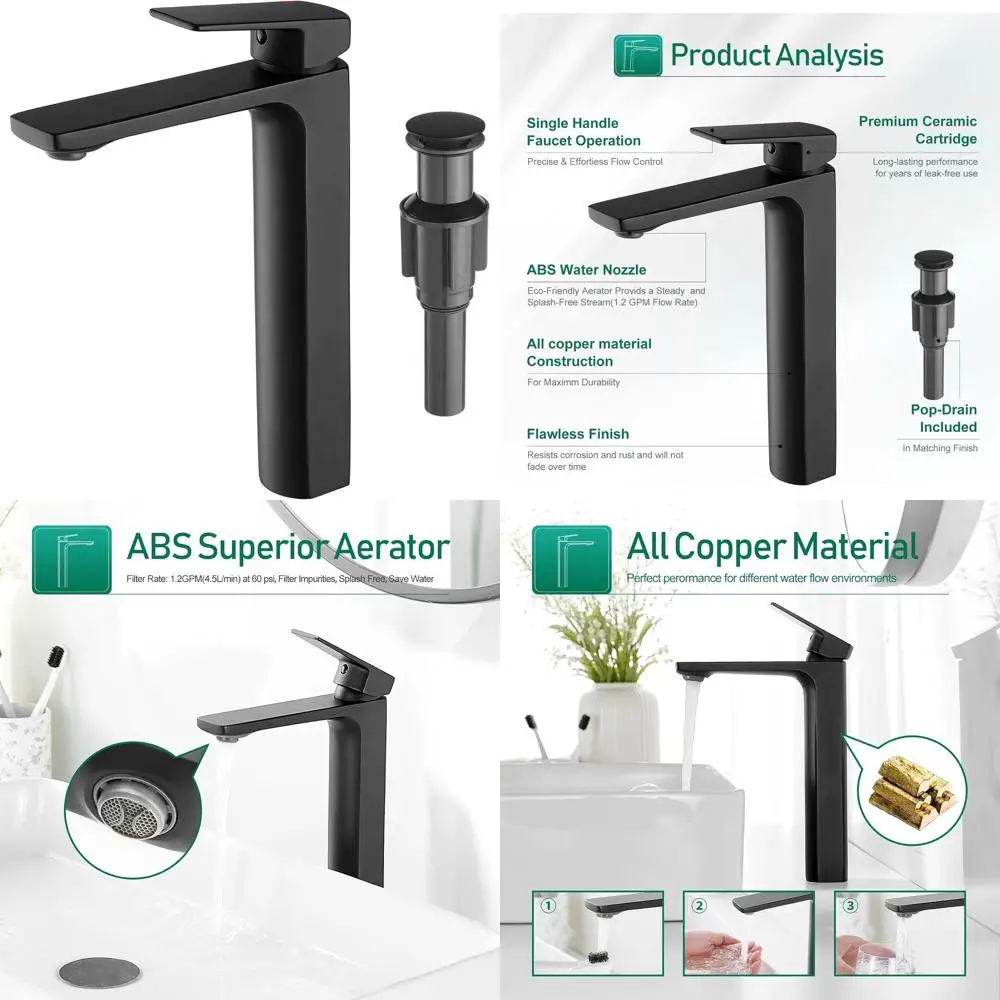 

Matte Black Tall Single Handle Bathroom Sink Faucet with 1 Hole Mixer Tap, Supply Hose & Pop-Up Drain