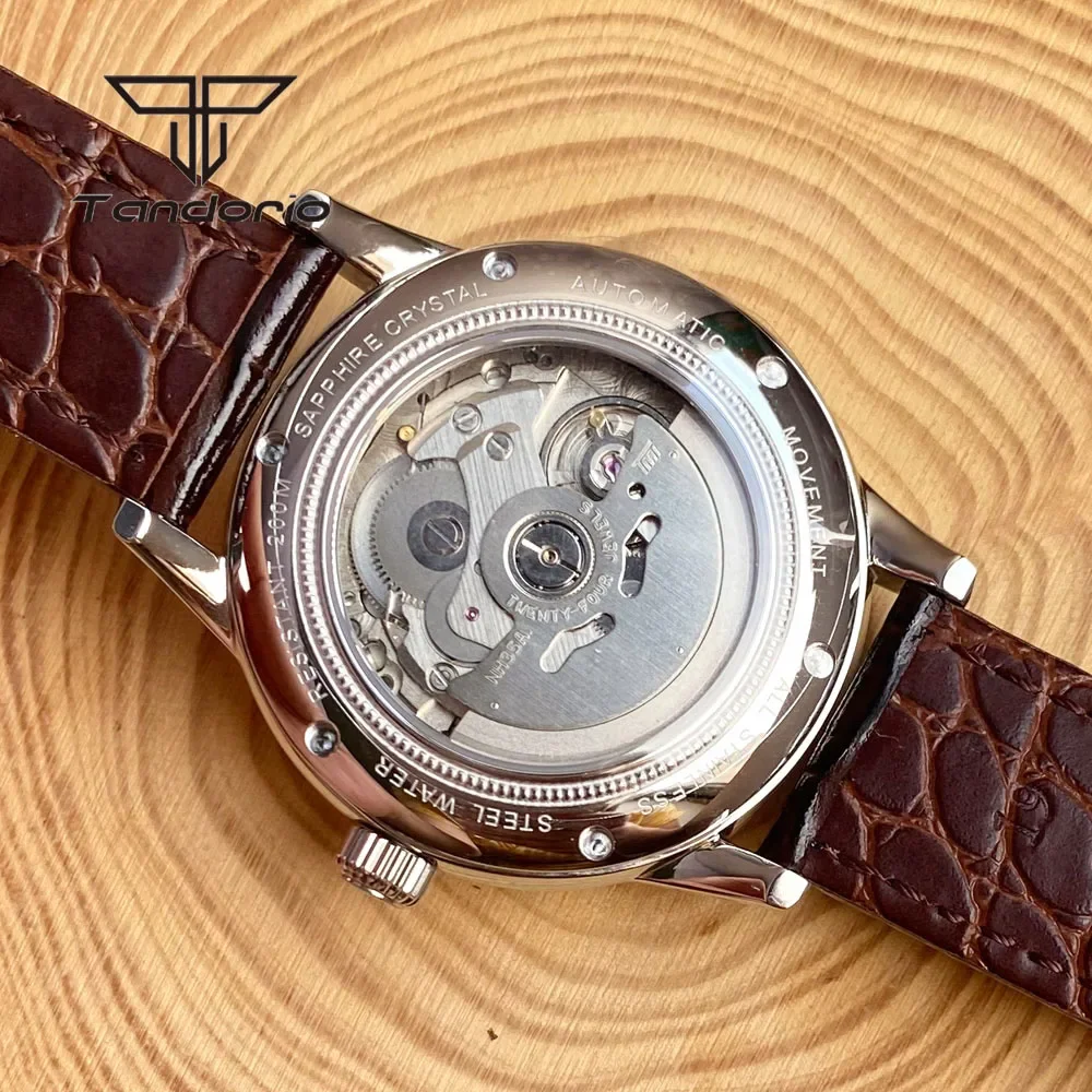 Tandorio Double Domed Sapphire NH35A Mechanical 40mm Polished Automatic Watch for Men Luminous 20BAR Date Wristwatch Leather