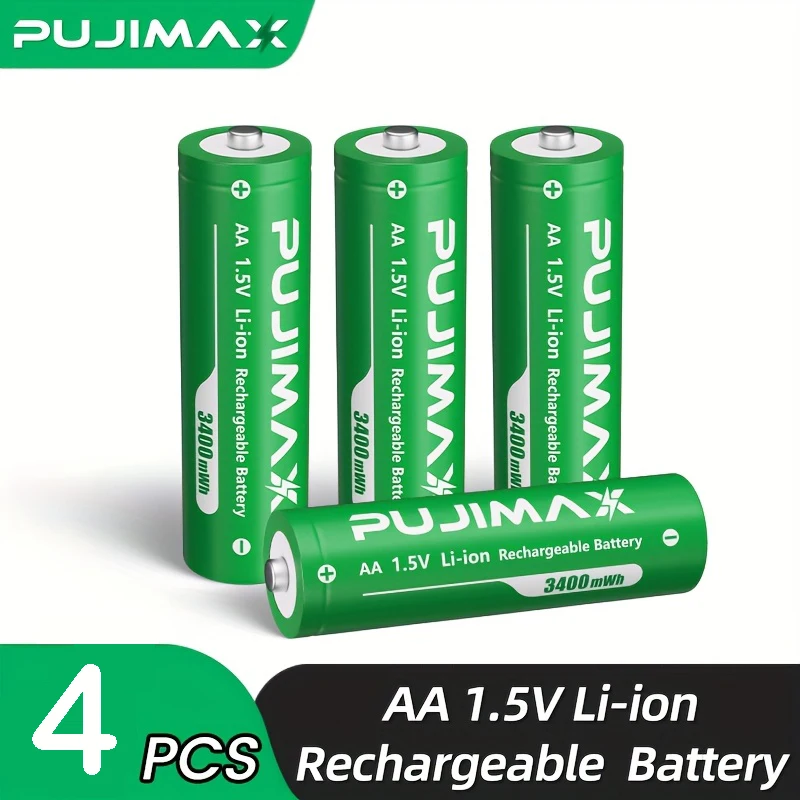 PUJIMAX Oplaadbare Li-ion AA-batterijen 1,5 V AA 3400 mWh lithium-ionbatterij + oplader Klokradio Videogame digitale batterij
