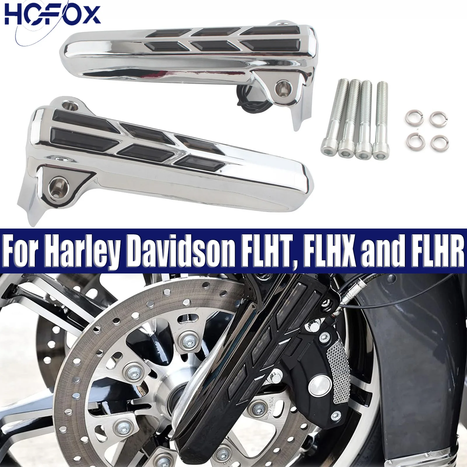 

For Harley Davidson FLHT, FLHX and FLHR Motorcycle Front Lower Fork Leg Slider Cover LED Light Lamp