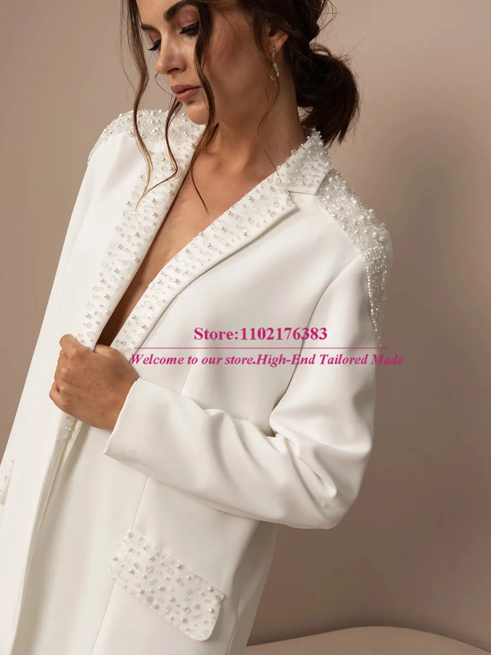 Ivory Pearls Beaded Women Wedding Tuxedos Luxury Ladies Pants Suits 2 Pieces Mother Of Bride Dress Plus Size Business Blazer Set