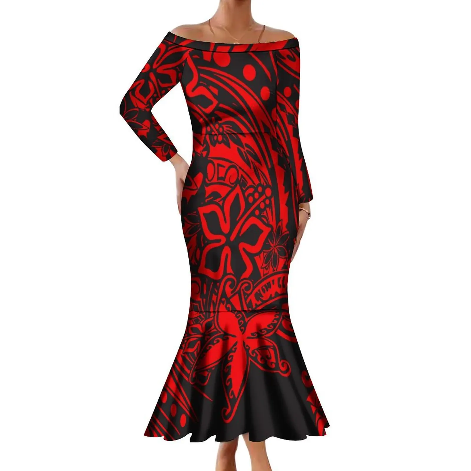 2024 Polynesian Tribal Couple Set Women\'S One-Shoulder Plus Size Long-Sleeved Dress And Hawaiian Beach Party Men\'S Shirt