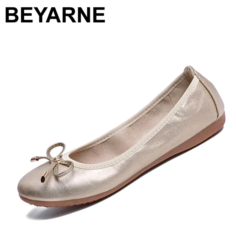 BEYARNE round toe rolls HOT Women Shoes Flats genuine leather black Work Shoes bow maternity dipper shoes