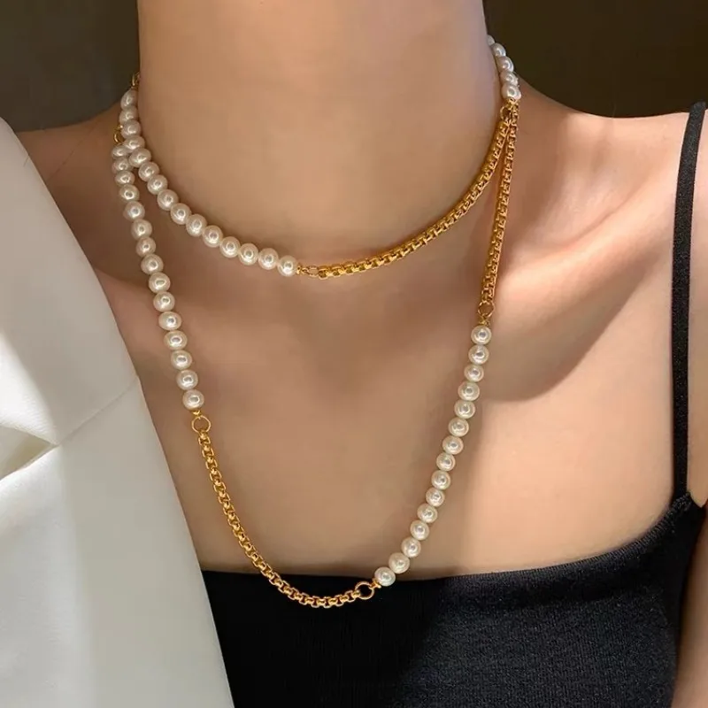 

New 316L Stainless Steel Half Chain and Pearl Necklace for Women Long sweater Chain Exquisite Niche Kpop Collarbone Jewelry