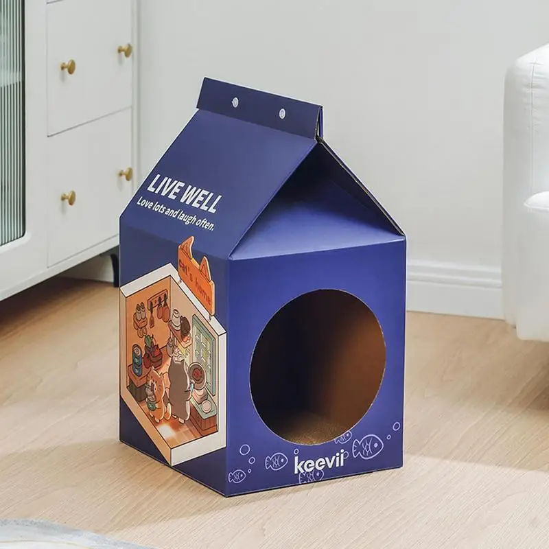 Cardboard Cat House Milk Box Shape Cat Scratching Cave With Scratch Pad Classic Detachable Scratching Board Interactive Box Toy