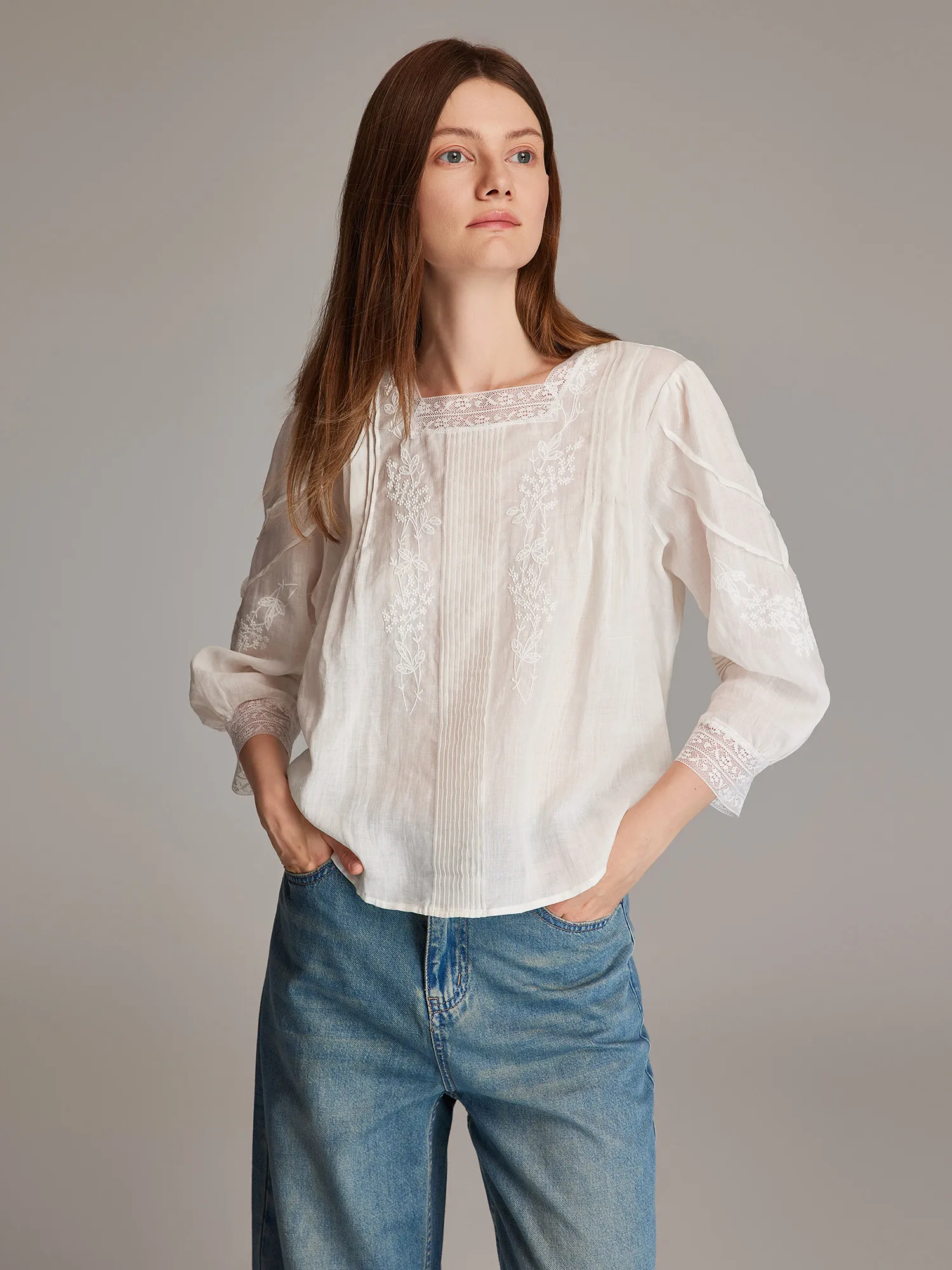 

Double-Sided Wearable LPBC Lace Shirt Sun Protection Clothing Heavy-Embroidered Linen Gentle Sweet Commute Style Loose Fit