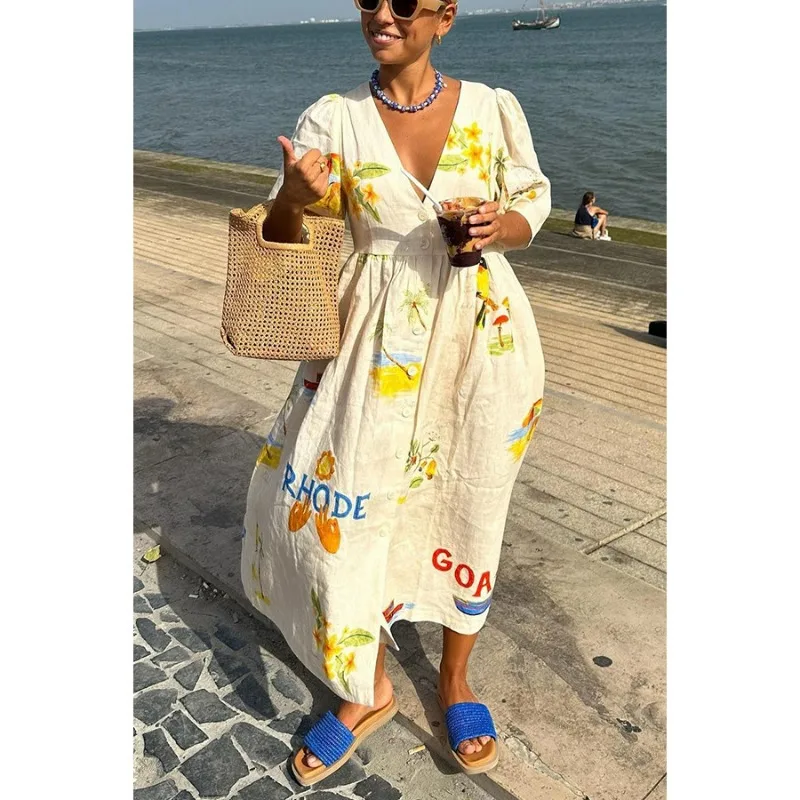 Abito sexy da donna Europa e America Primavera ed estate Per il tempo libero Manica a sbuffo Sciolto e confortevole Stampa alla moda