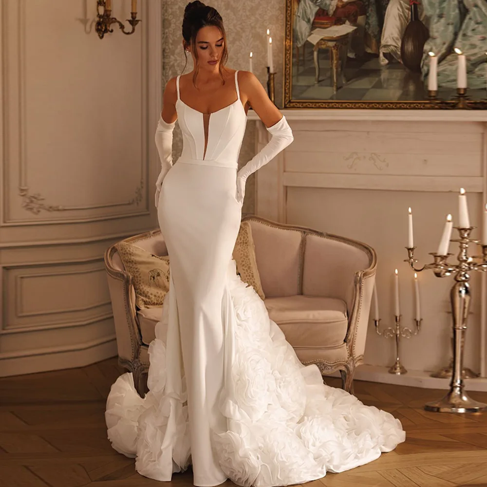 Exquisite Customized Handmade Flowers Wedding Dress Elegant Mermaid Spaghetti Straps Bridal Gowns Fashion Jersey Robe de mariée