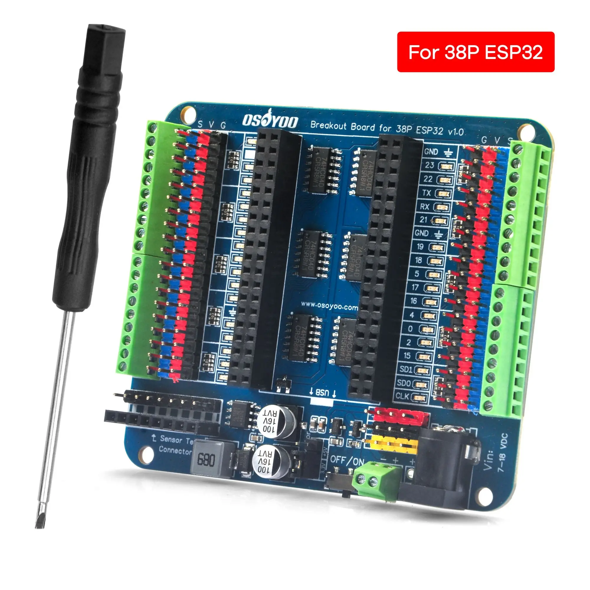 

OSOYOO Breakout Board for 30-Pin or 38-Pin ESP32 Expansion Board with Dual Headers – GPIO LED Indicators