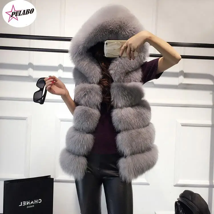 PULABO Fox Fur Vest Hood 6 Color High Quality Soft Thick Warm Vest Hoodie Black Faux Fox Fur Mink Sleeveless Hooded Coat Women