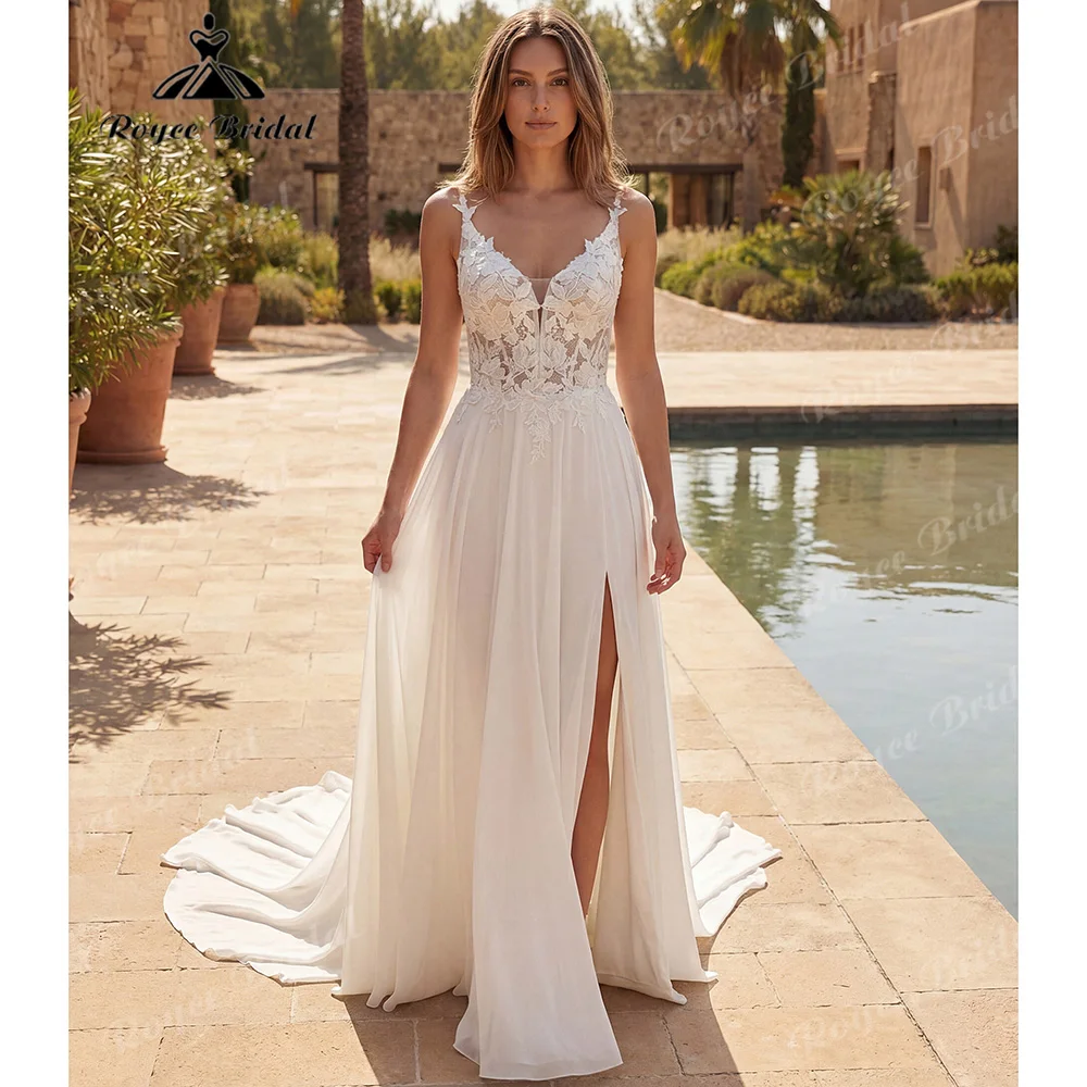 2027Spaghetti Straps A‑Line Wedding Dress Deep V Neck Floral Lace Chiffon High Slit Court Train Bohemian Bridal Gown Customized