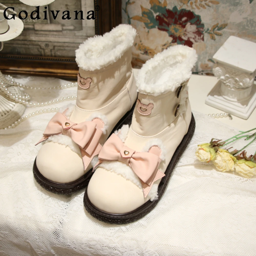 

Lolita Fleece Snow Boots Sweet Cute Bow White Kawaii Platform Shoes for Women Boot