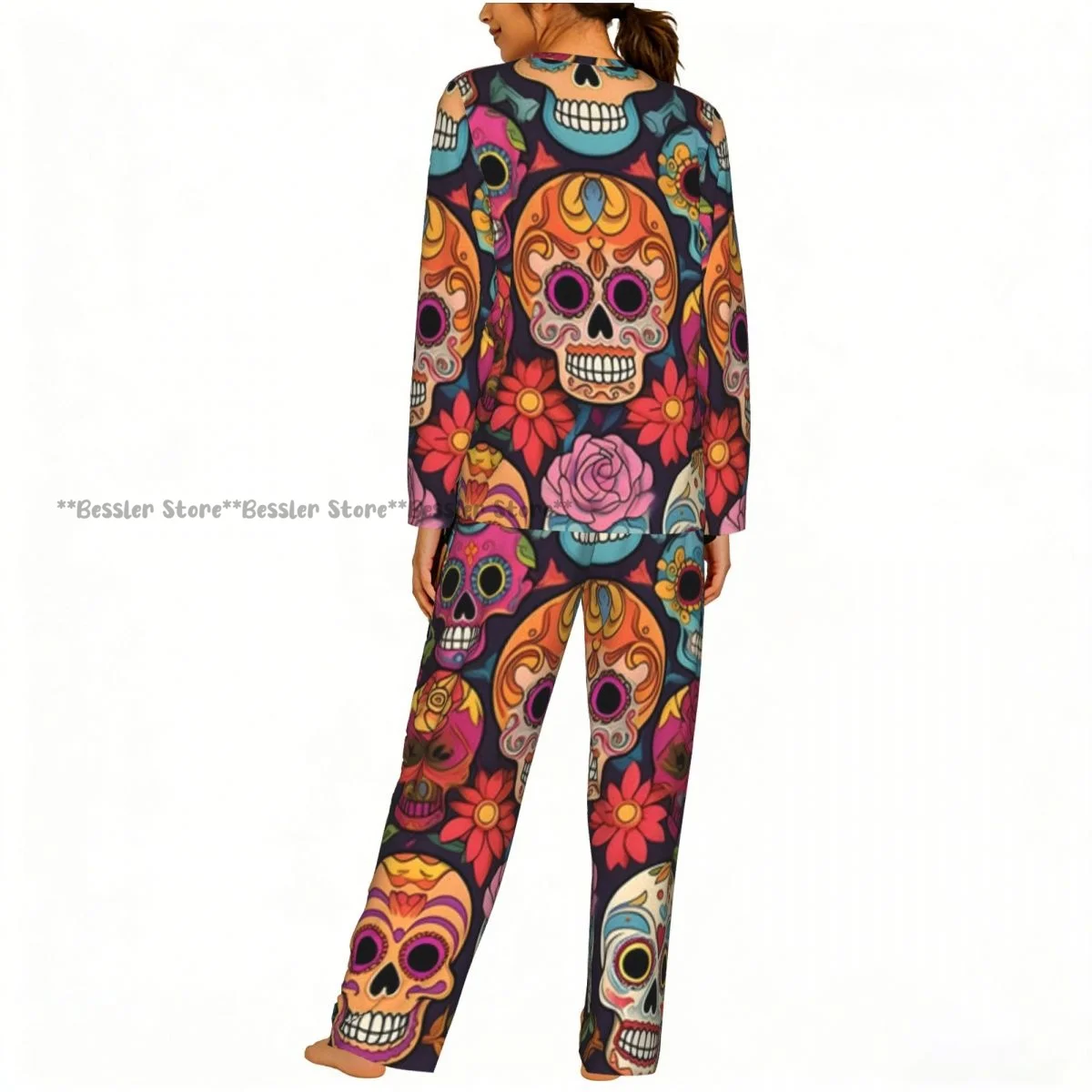 Women Round Neck Pajamas Set Human Skulls With Flowers Long Sleeve Tops + Long Pants 4