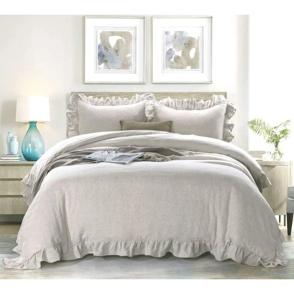 

Queen Size Stone Washed Linen Duvet Cover Set, 3-Piece, 90x92 inches, Shams 20x26 inches, Ruled Design, Button & Tie Closure, So