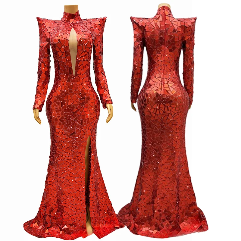 Classic retro red shoulder bright sequins birthday high-end dress host evening dress