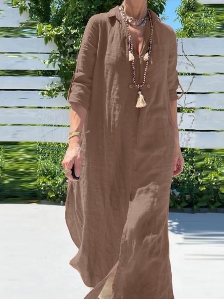 

Summer Women Loose Maxi Dress Vintage V Neck full Sleeve Split Hem Cotton Shirt Dress Casual Solid Color Long Dresses Female