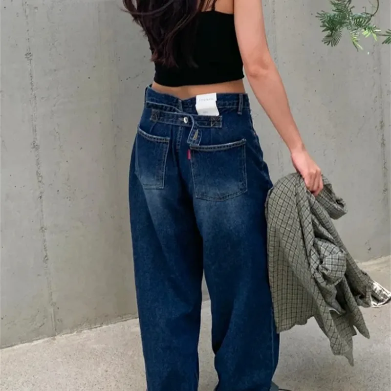 Casual High Waist Cross Back Denim Jeans Washed Loose Straight Leg Pants Korean Style Floor Length Trousers for Women