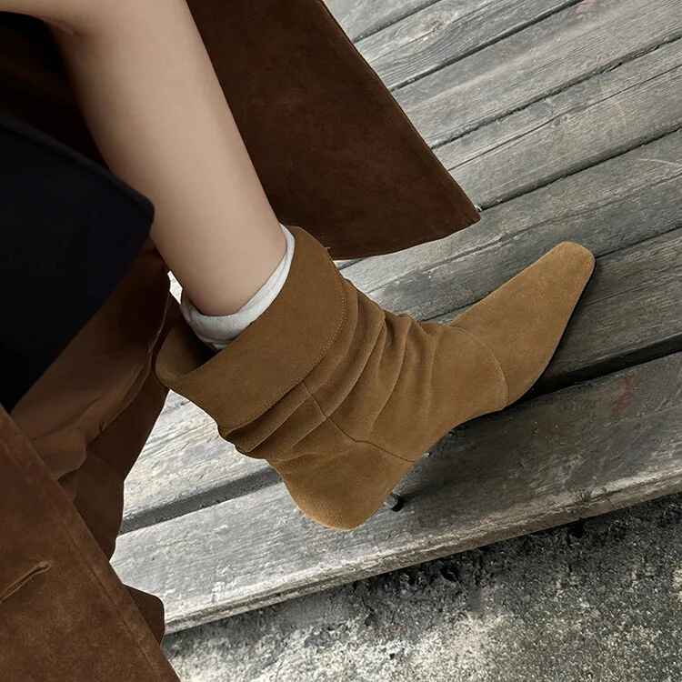 Camel Suede Women Short Boots Slip On Casual Western Ankle Botas Square Toe Brown Leather Thin Heels Zapatos Mujer Black Botines