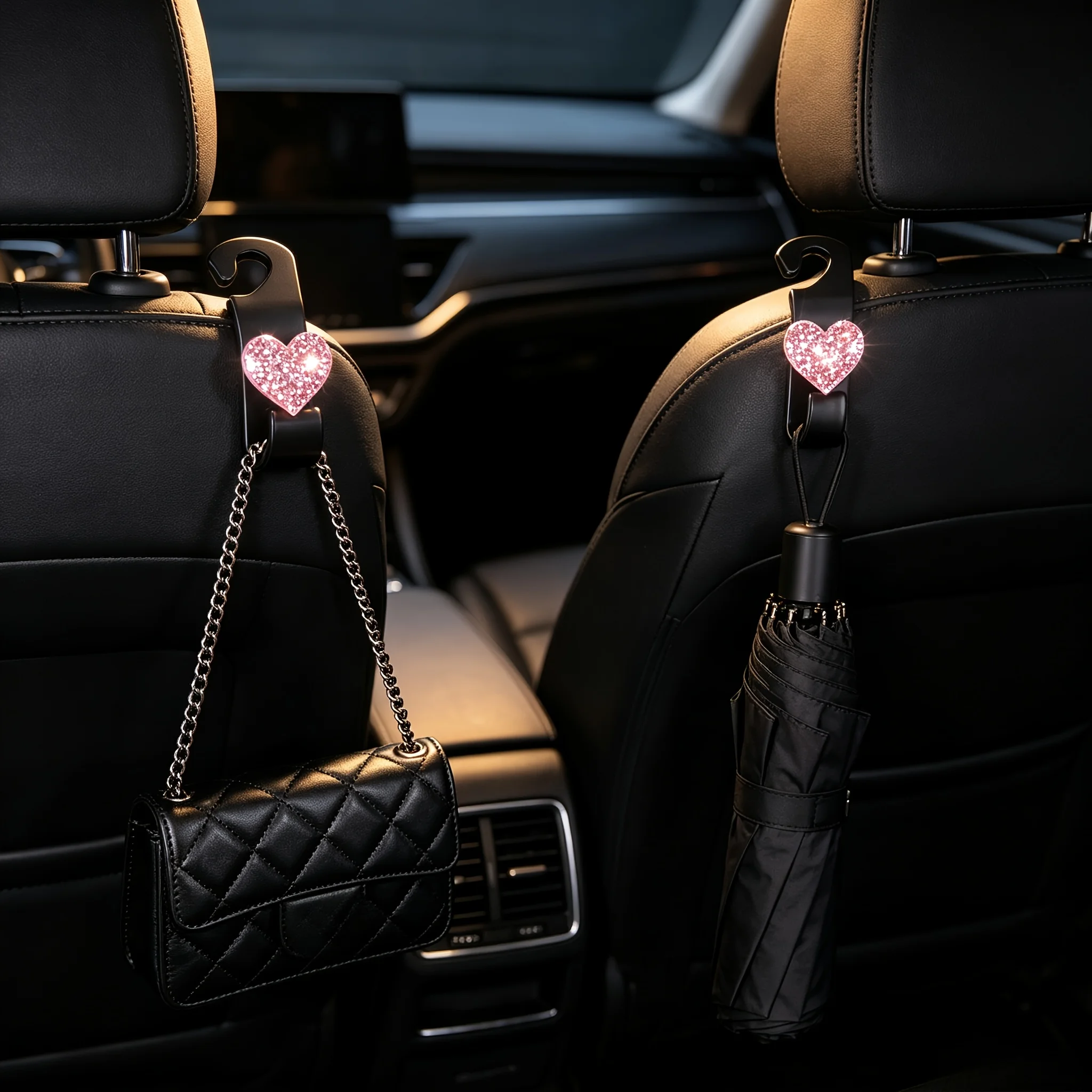 2 Stück Strass-Herzförmige Auto-Kopfstützenhaken, Glitzernder Aufbewahrungshaken für Handtasche, Geldbörse, Hut, Niedliche Auto-Innendekoration für Frauen – Detail 5