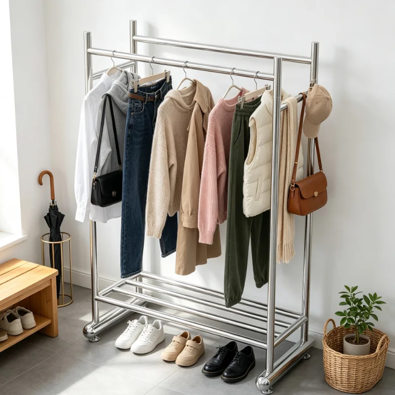 Luxury Design Heavy Duty Garment Rack Double Rod Stainless Steel Clothes Organizer With Storage Shelf For Laundry Room Balcony B