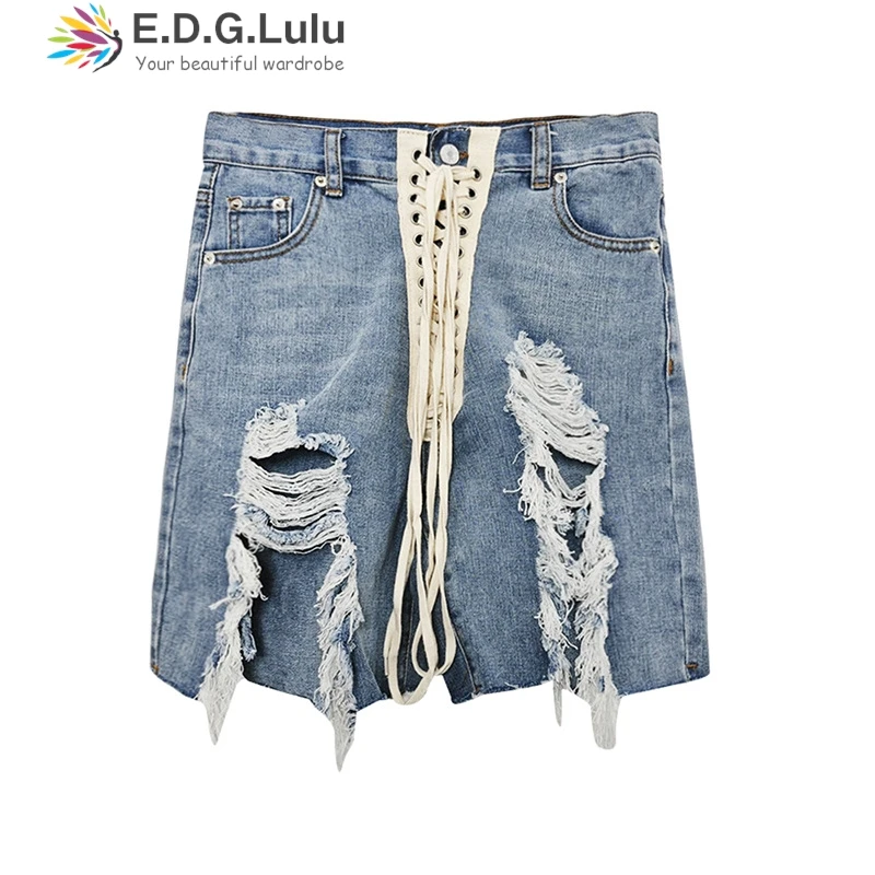 EDGLuLu موضة الشارع تصميم عالية الخصر الرباط الدانتيل متابعة الدنيم السراويل السيدات الجوف خارج مع ثقوب الدنيم السراويل 1011