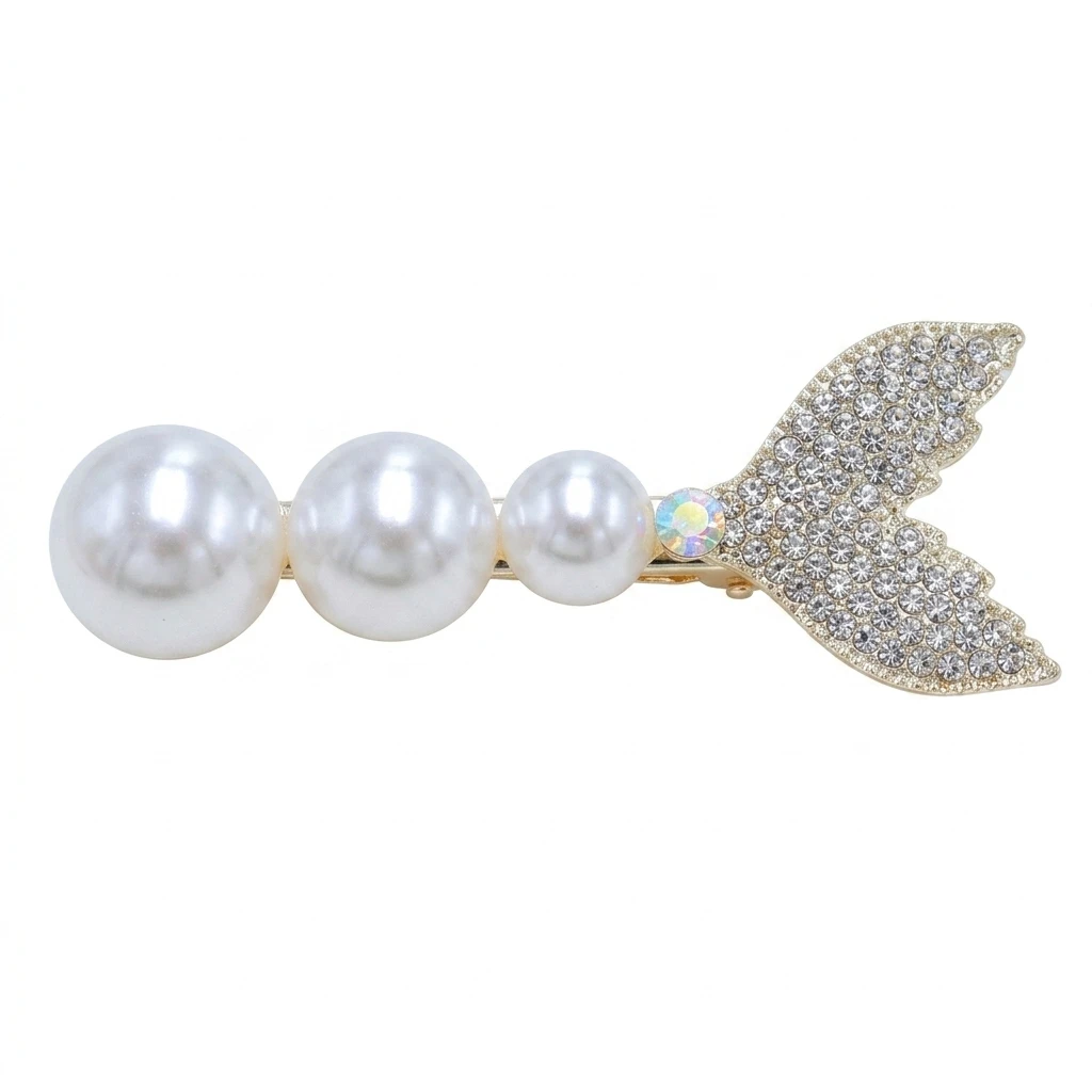 Hair Clip Elegant Wedding Party Accessories for Women 3D Mermaid Pearl Rhinestone Side Bangs Barrette Gold Plated Non Slip