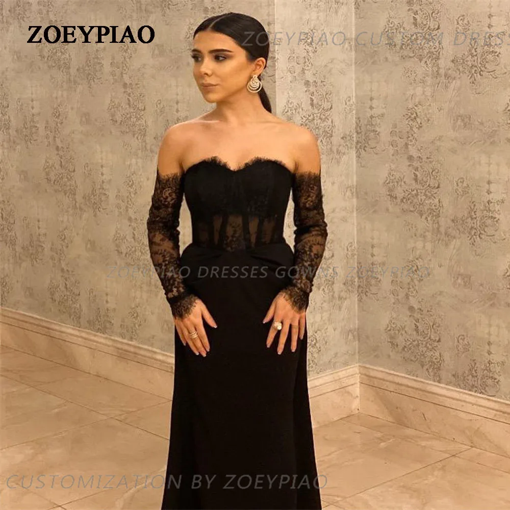 Sexy Zwart Kant Lange Formele Avondjurk Sweetheart Satijnen Galajurken Bruiloftsjurken Cocktailparty Vestido Noche