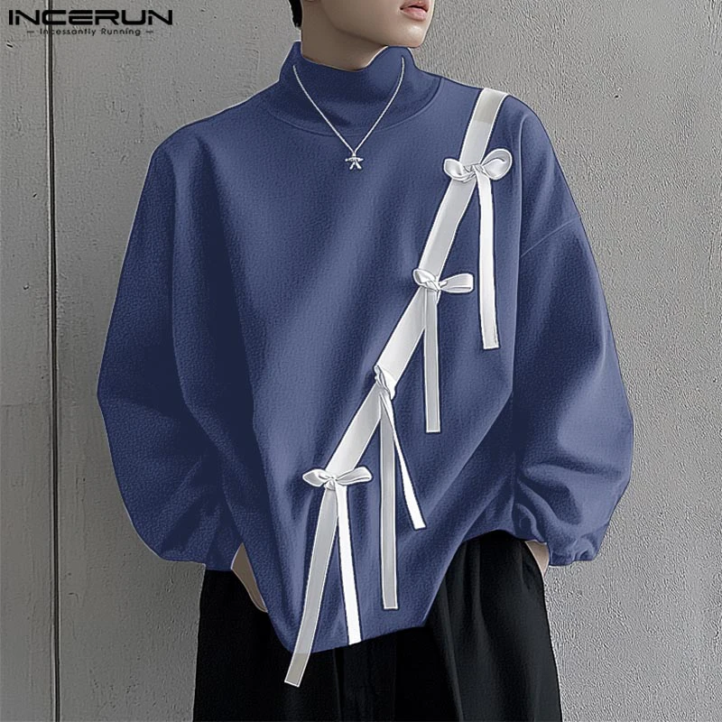 INCERUN Handsome Men Tops Fashionable Knotted Lace Up Splicing Pullover Casual Streetwear Semi High Neck Long Sleeved Sweatshirt