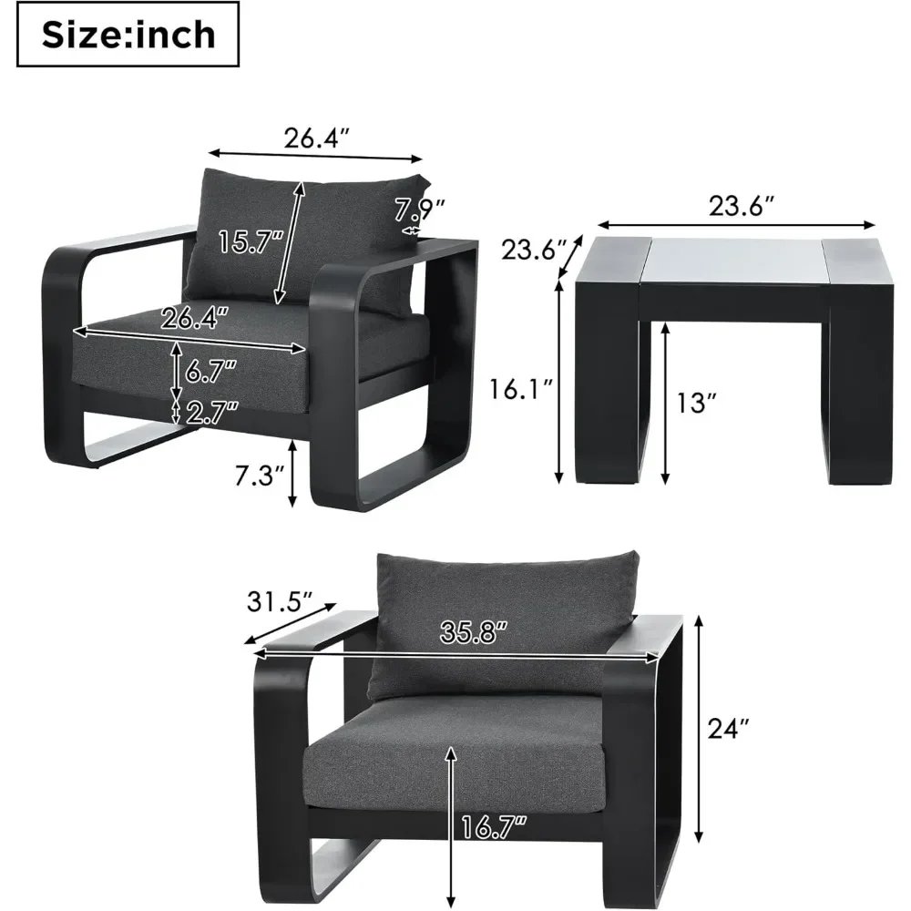 3-częściowy zestaw mebli ogrodowych z aluminiową ramą, krzesło z poduszką o grubości 6,7 cala i stolikiem kawowym |