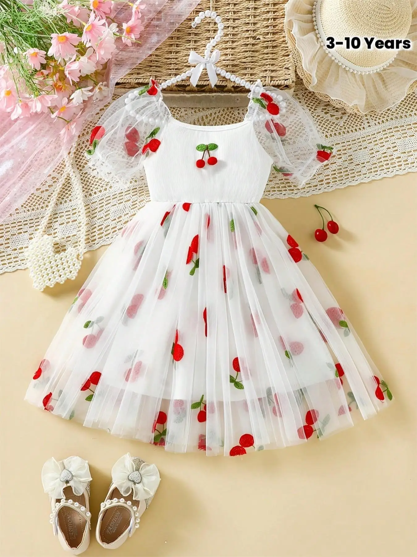 Girls Cherry Mesh Tutu Dress Casual Slim-Fitting Embroidery Puff Sleeve Airy Soft Fabric for Seaside Party Short Trip