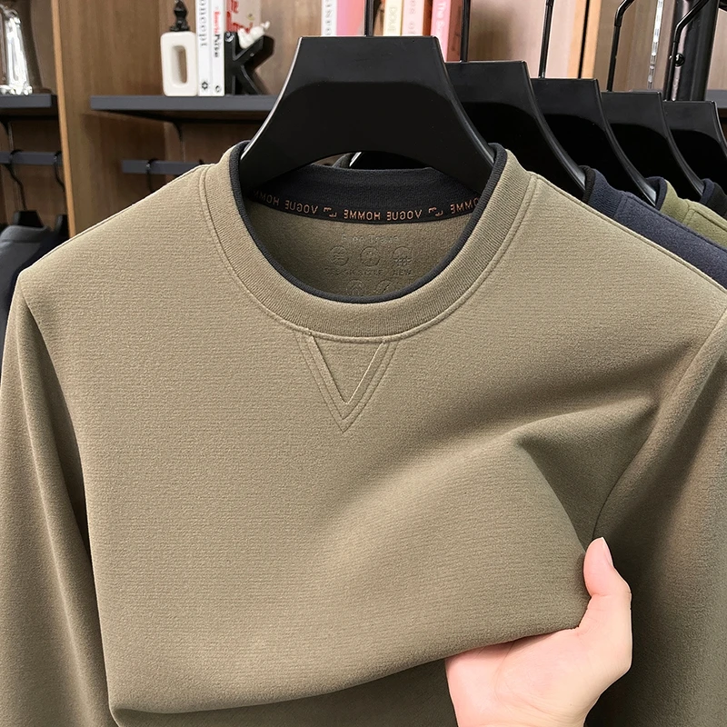 Luxury new fashion men's sports pullover casual solid color high-quality personality double-layer round neck long sleeve T-shirt