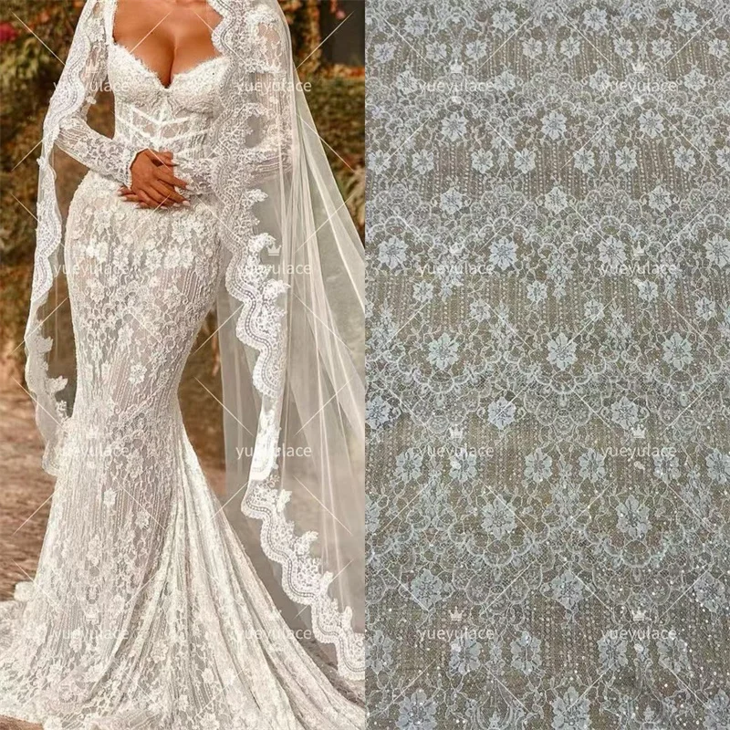 HOT STYLE Bead Sequins Off White Chantilly Sparkle French Wedding Dress Lace Fabric Top Quality Brial Wear Veil  Fabric