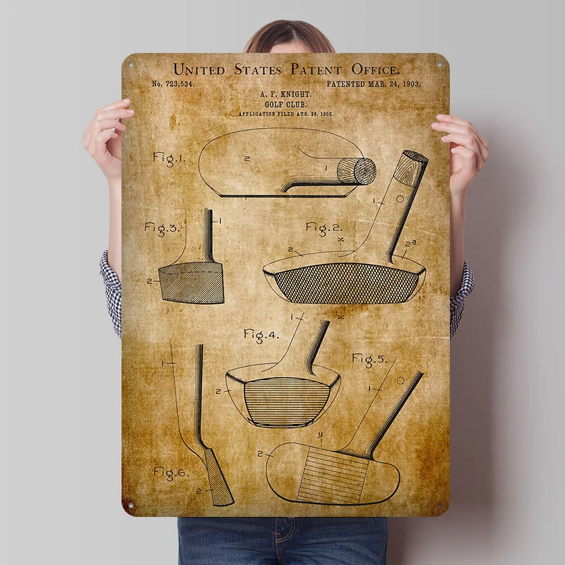 Patent Drawing Knights Golf Club 1903 Poster Customized Vintage Metal Signs Wall Art Retro Tin Plaque for Decoration Gaming Home