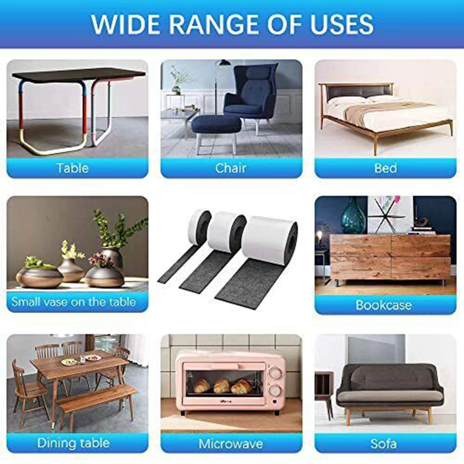 3pcs Self Adhesive Felt Tape Non-slip Polyester Felt Strip Roll Furniture Felt Strips DIY Shape Sliding Pad Tape Floor Protector