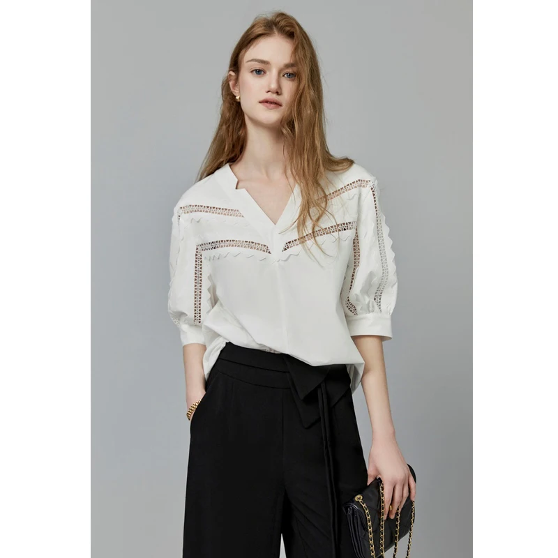 

Женская летняя шифоновая блузка с V-образным вырезом и ажурными вставками, свободного кроя, для офиса, стройнящая, модная, дышащая, с защитой от солнца