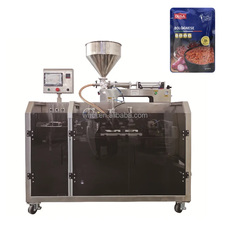 Máquina automática de embalaje de bolsas prefabricadas, 50g, comida, chile, mantequilla, curry, salsa de maní, pasta de carne viscosa, película de papel de queso