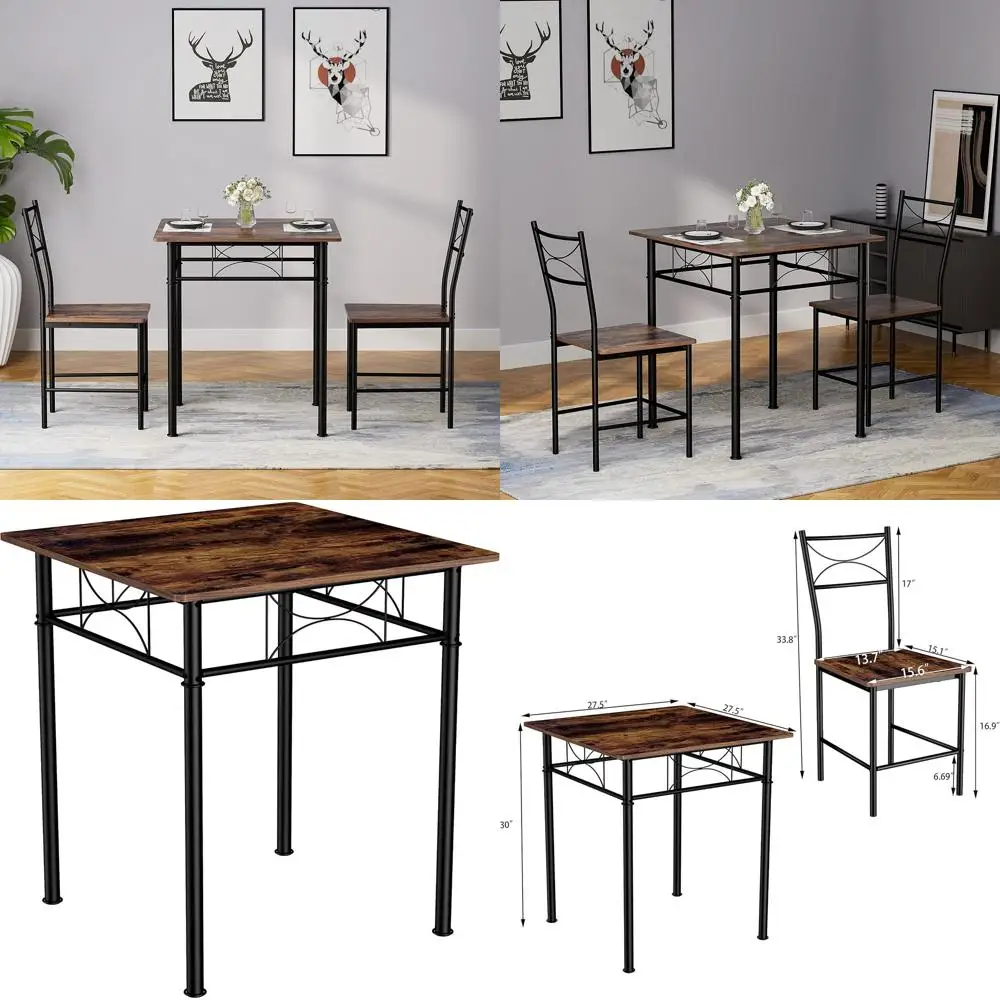 

Compact 3-Piece Iron & Wood Dining Set with Square Table and 2 Chairs for Kitchen and Dining Room