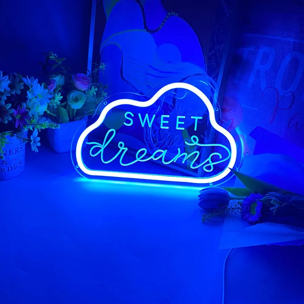 Sweet Dreams Cloud Neon Sign Engrave Personal LED Lights For Bedroom Decoration Things To The Room Cafe Lighting Wall Decors