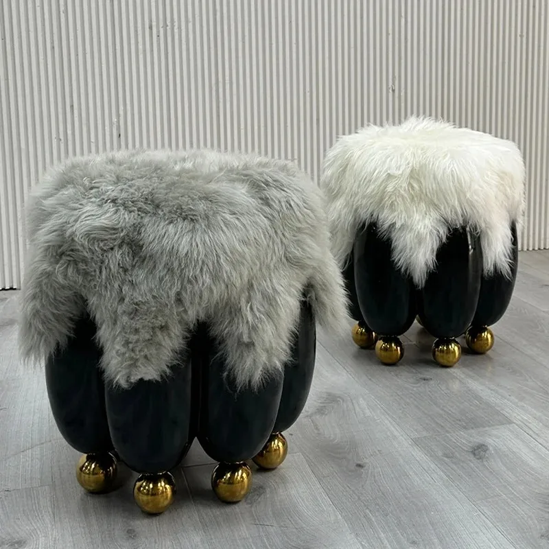 Creative stool FRP bullet plush low stool real sheep beach wool living room dresser  shoe change  light luxury household