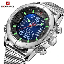 Naviforce marca homem relógio moda esportes banda de aço à prova dwaterproof água dupla exibição luminosa masculino relógios digitais relogio masculino