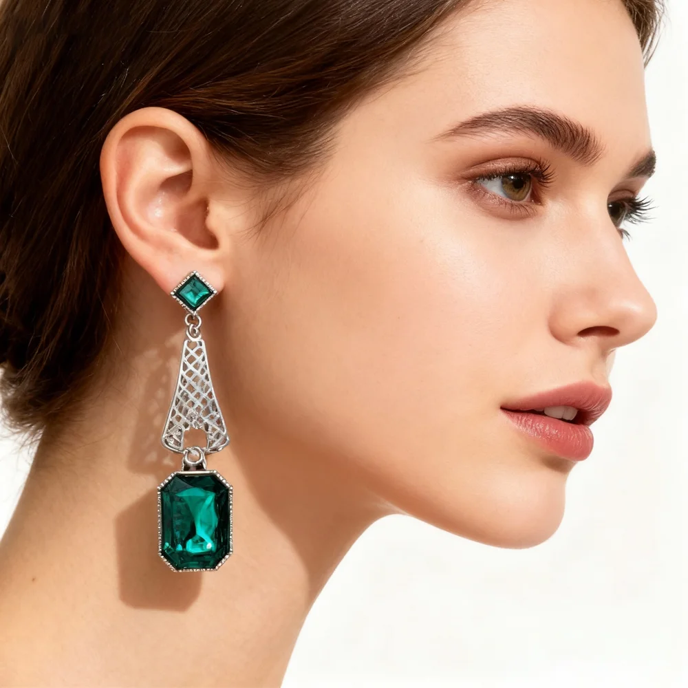 PESENAR 1920년대 스타일 아트 데코 그린 크리스탈 드롭 귀걸이 플래퍼 의상 및 빈티지 개츠비 액세서리