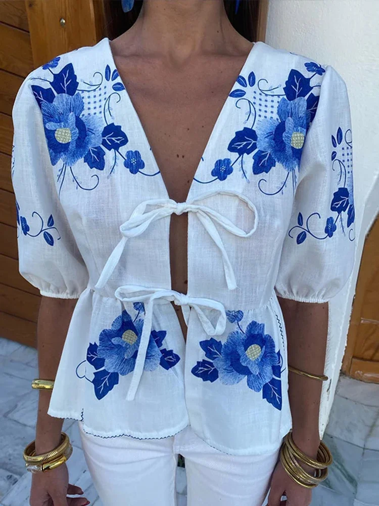 Camisa con estampado de flores y cordones para mujer, camisa con lazo calado, Manga corta abullonada, cuello en V, ropa informal para primavera y verano, 2024