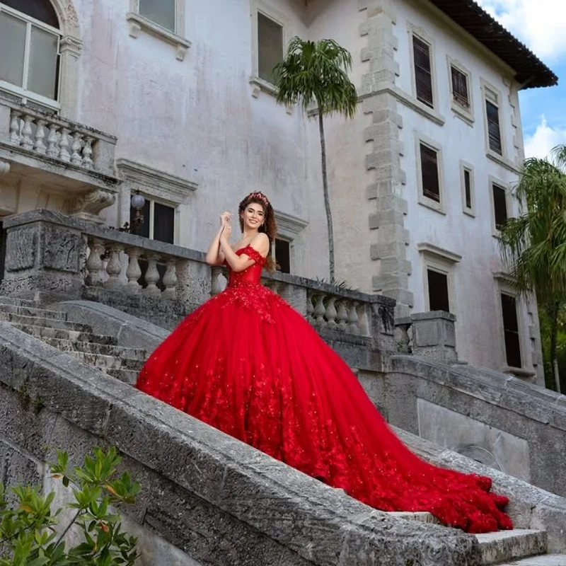 Красное платье Quinceanera с открытыми плечами по индивидуальному заказу, кружевное платье с блестками и аппликацией, тюлевое платье с 3D цветами и шлейфом, платья de 15, Quinceanera