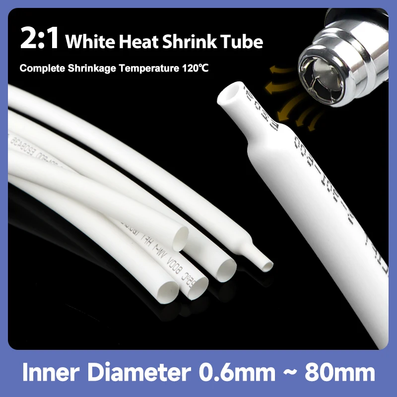 

1/2/5/10M 2:1 Heat Shrink Tube White Dia 0.6mm ~ 80mm Shrinking Polyolefin Insulation Sleeving Wire Cable Protector Sleeve Wrap