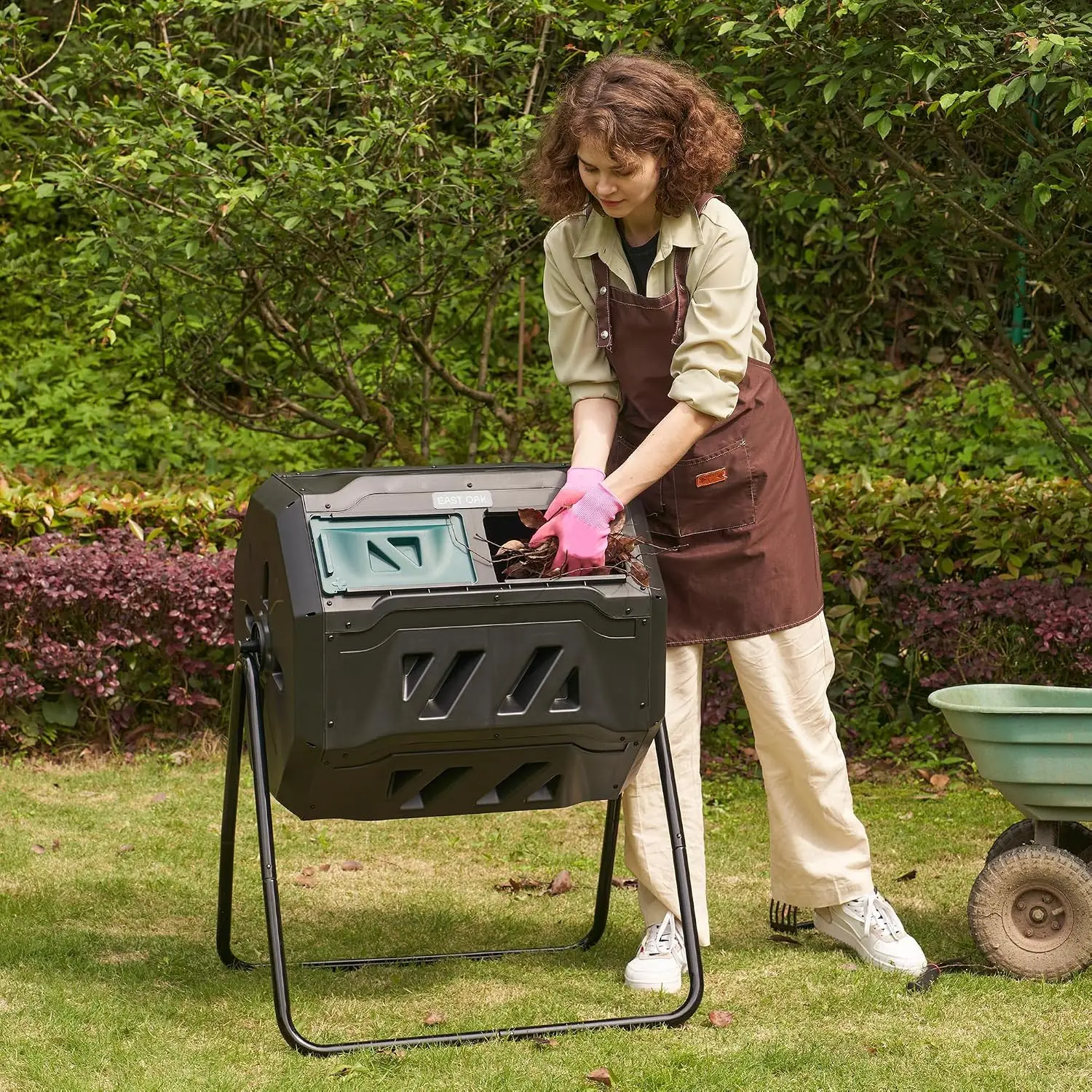 Compost Tumbler Outdoor, 43-Gal Dual Chamber Compost Bin with 2 Sliding Door and Aeration System, Tumbling Rotating, Customized