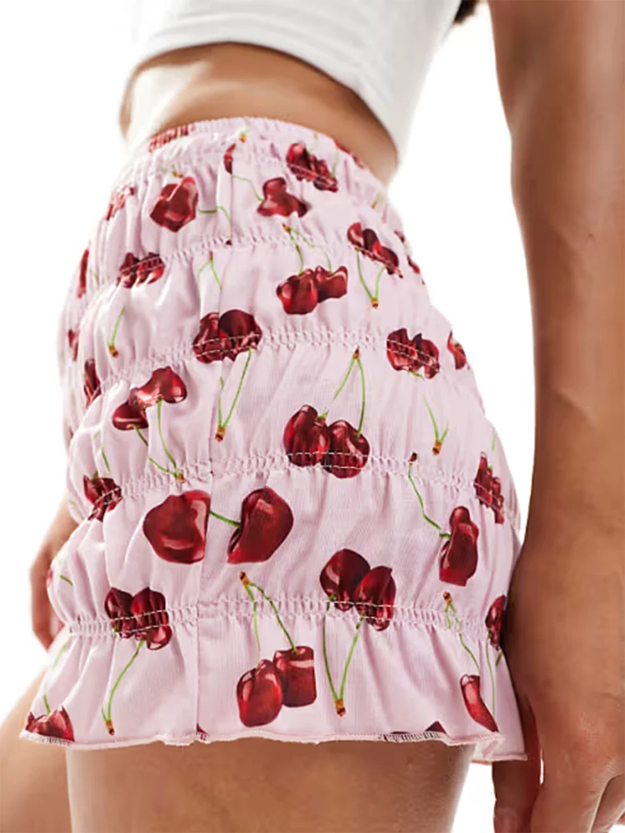 Women's Bloomer Shorts Sweet Cherry Print Elastic Waist Short Pants Summer Fashion Casual Shorts