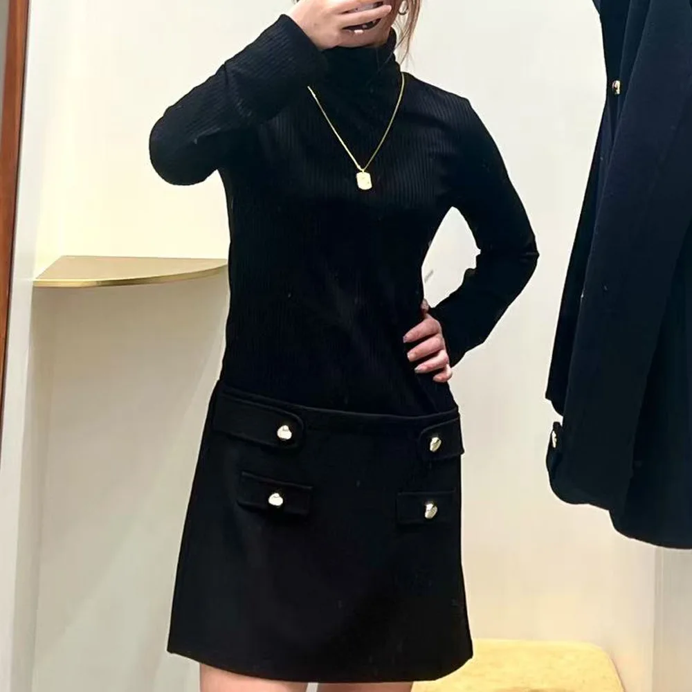 

Ele ort Knitted Dr High Collar Patchwork Women's Faion Autumn Winter Thiened Long Sve A-Line Skirt Dr